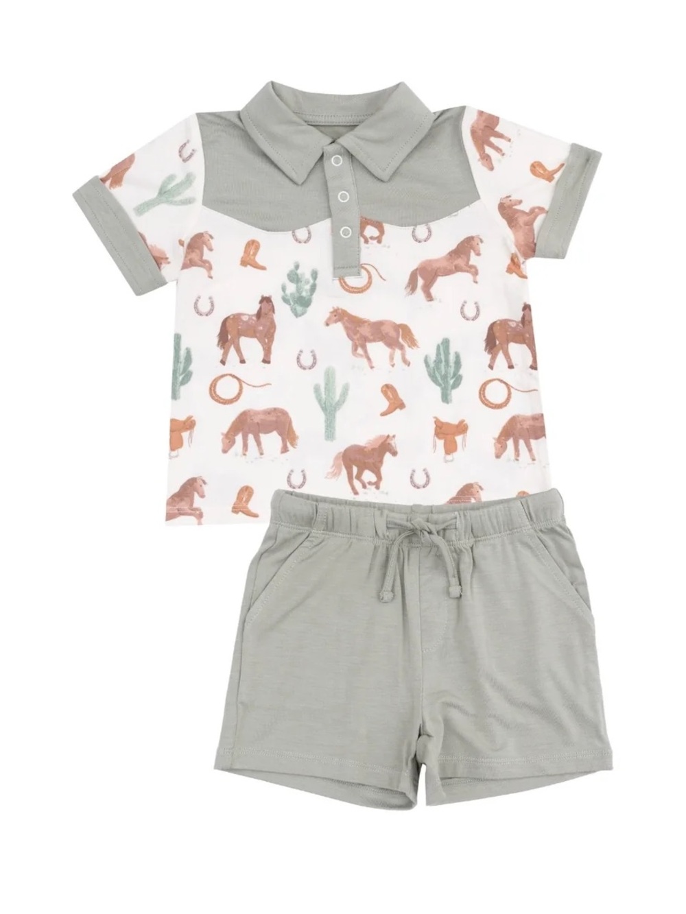 Angel Dear Western Horses Cowboy Polo Short Set 2T NWT Bamboo Toddler Boy Preppy